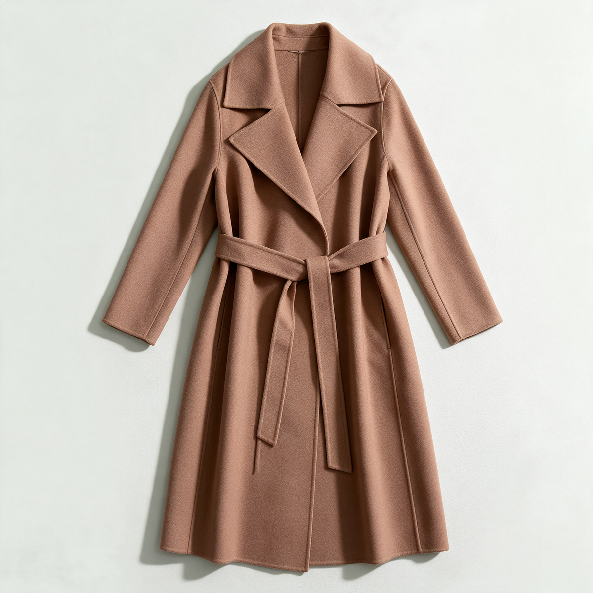 Odette Belted Coat in Light Brown — long wool wrap coat with notched lapel and self-tie belt