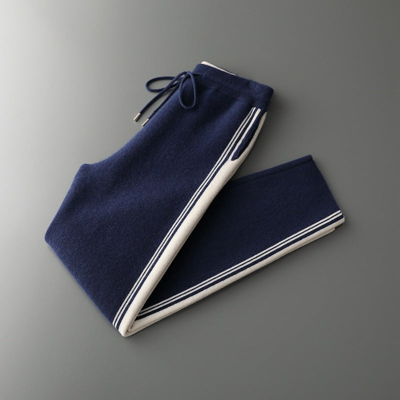 Celeste Cashmere Joggers in Navy Blue — women's cashmere side-stripe joggers