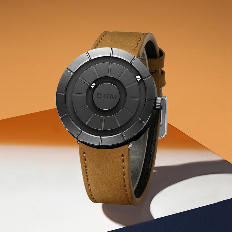 Dom Orbit Watch in Dark Gray — angled view of the brushed case and orbiting spheres