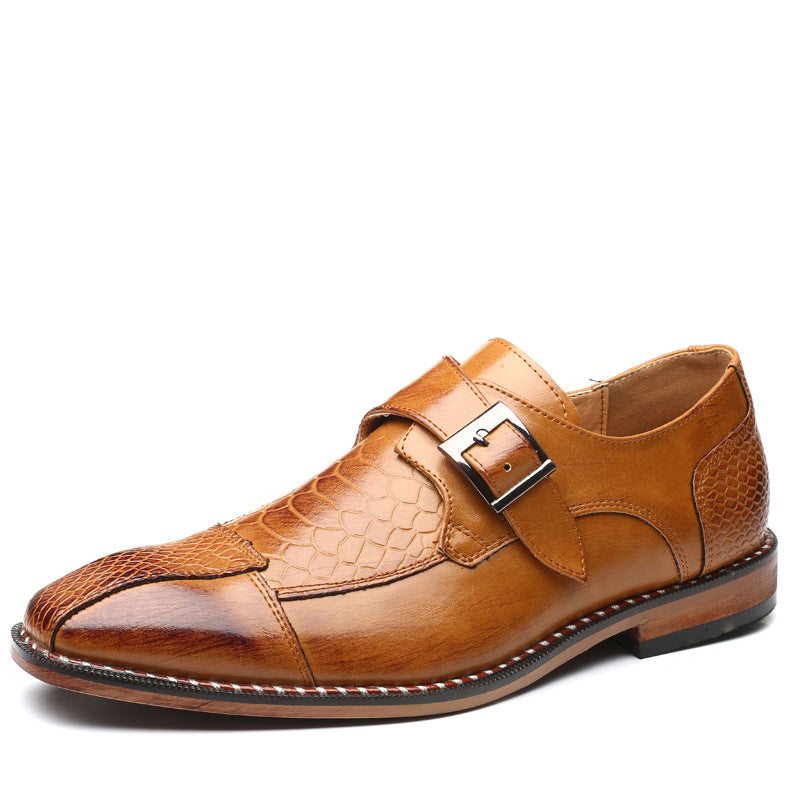 Lorenzo Buckle Shoes in Brown — side profile showing the burnished toe and croc-embossed panel