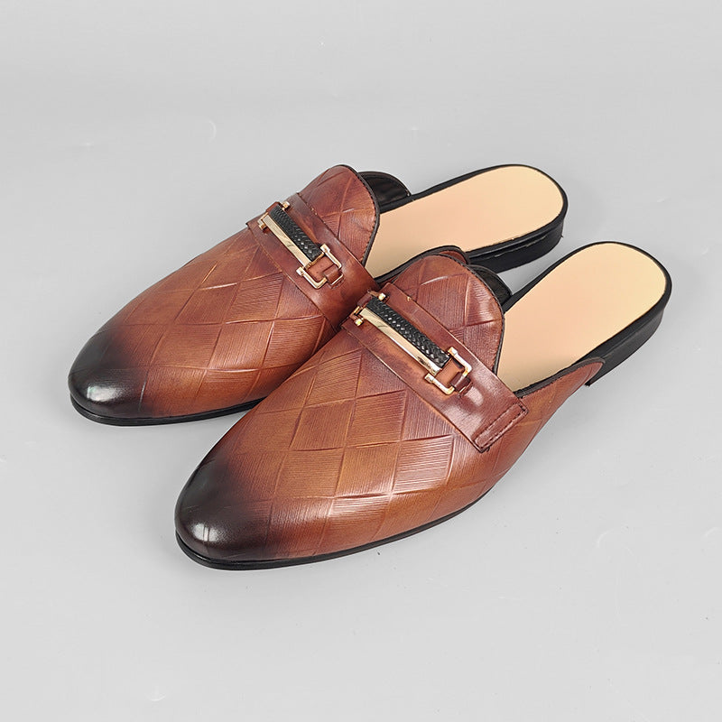 Fabio Leather Mules in Brown — embossed leather backless mule with gold horsebit bar