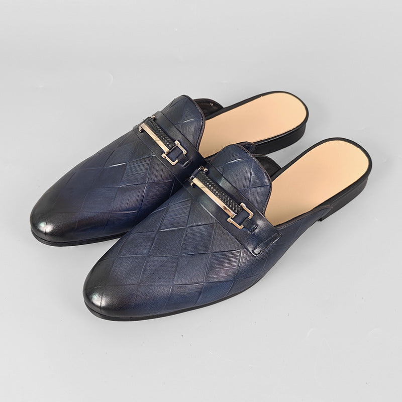 Fabio Leather Mules in Navy Blue — embossed leather backless mule with gold horsebit bar