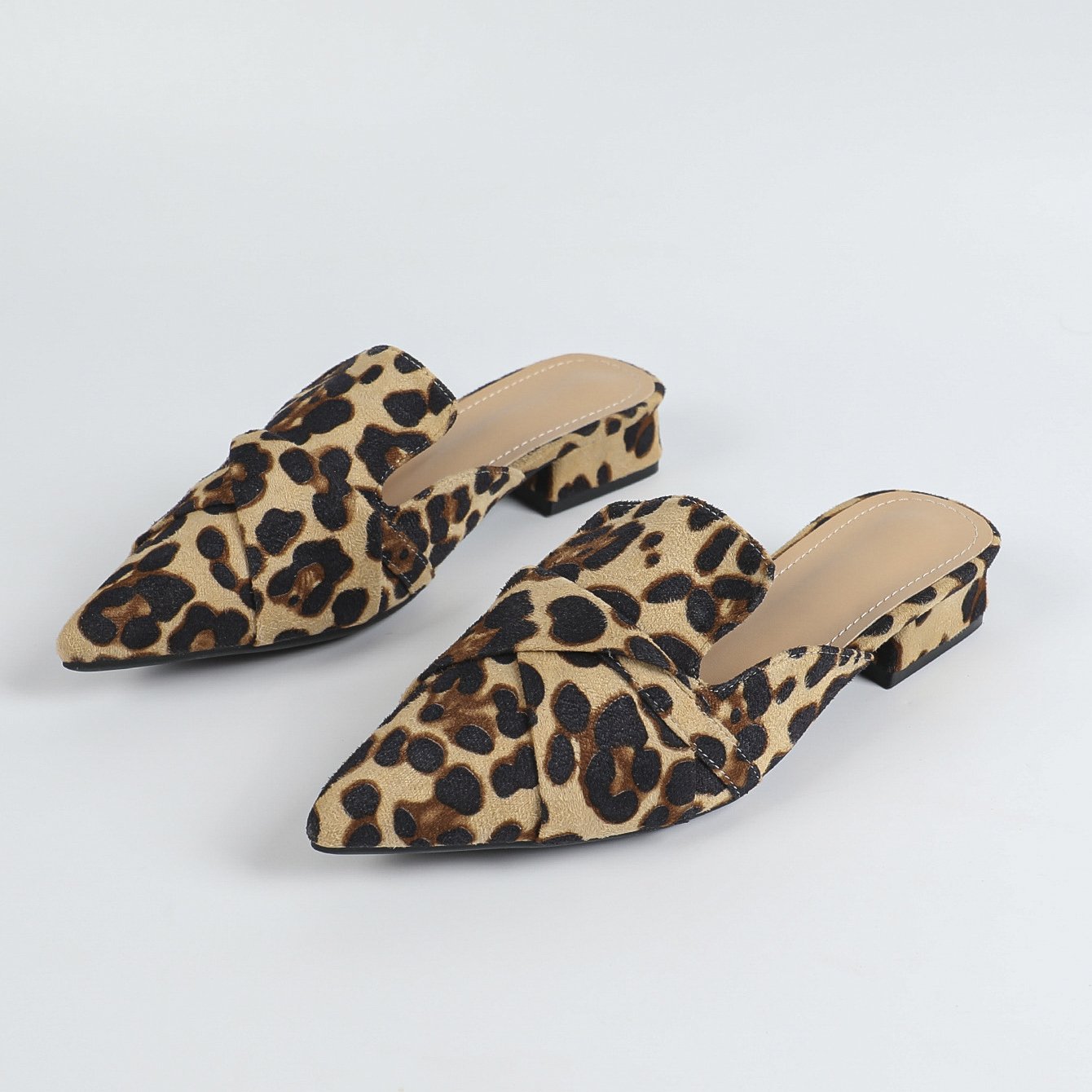 Alexis Leopard Mules in Leopard — pleated toe detail close-up