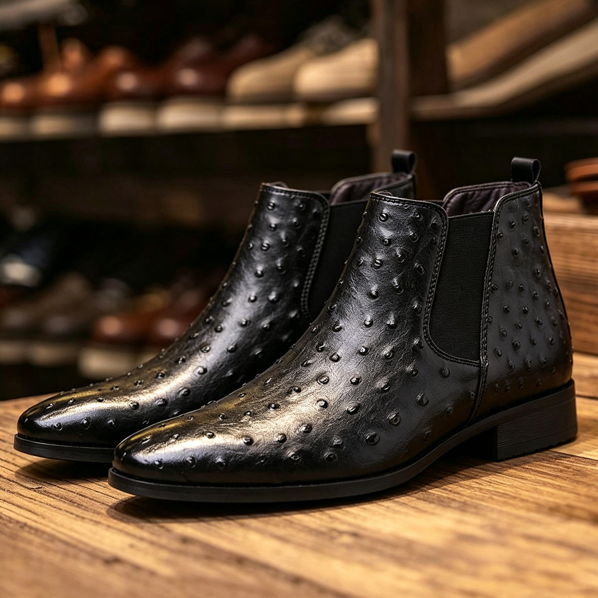 Grant Chelsea Boots in Black — ostrich-textured leather Chelsea boots with elastic sides