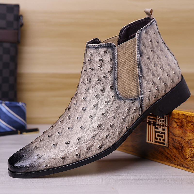 Grant Chelsea Boots in Gray — close-up of the raised quill texture and burnished toe