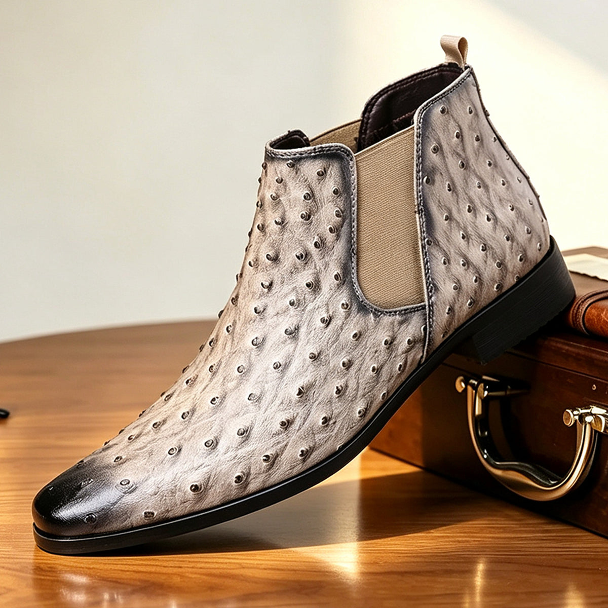 Grant Chelsea Boots in Gray — side profile showing the elastic gore and low stacked heel