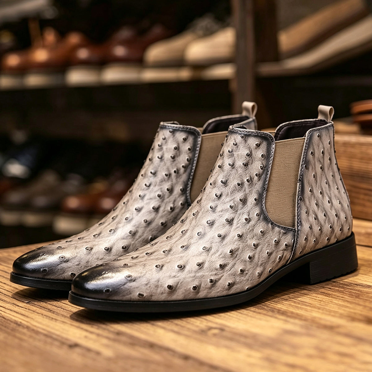 Grant Chelsea Boots in Gray — ostrich-textured leather Chelsea boots with elastic sides