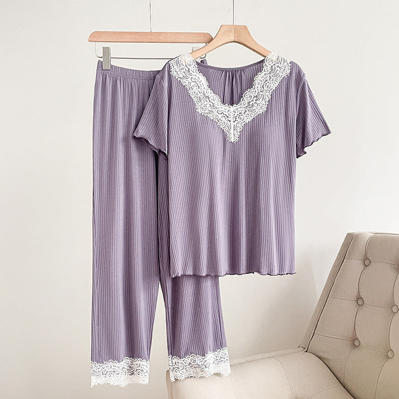 Delia Pajama Set in Lavender — ribbed knit top and pants with white lace trim