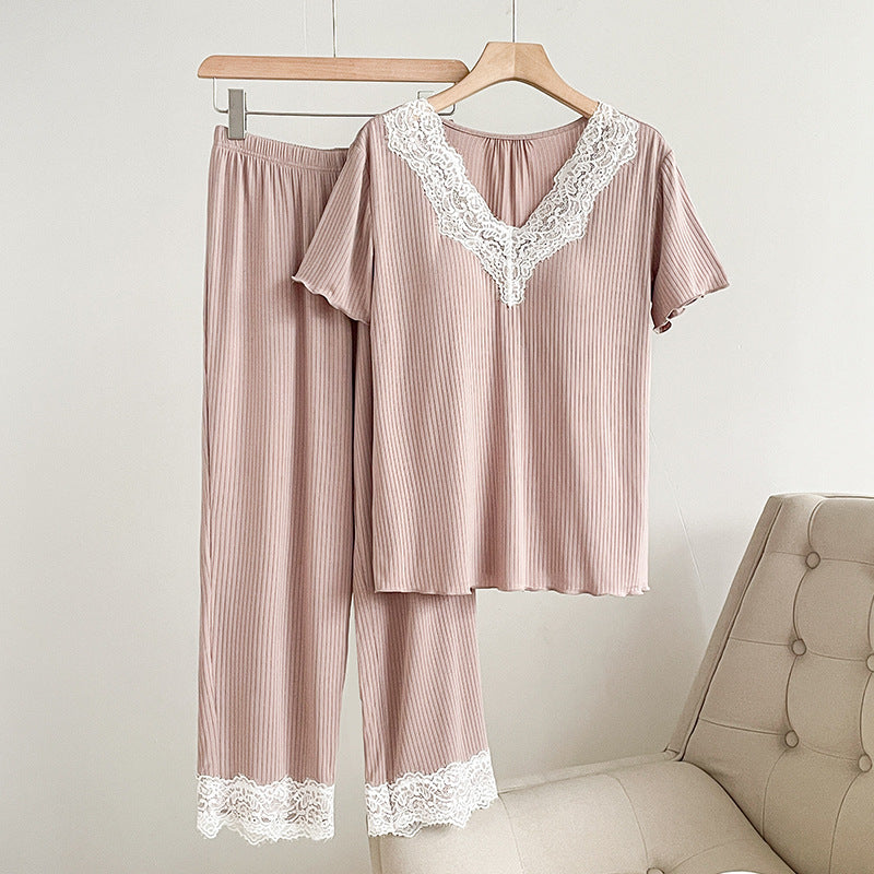 Delia Pajama Set in Pink — ribbed knit top and pants with white lace trim