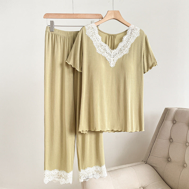 Delia Pajama Set in Sage — ribbed knit top and pants with white lace trim