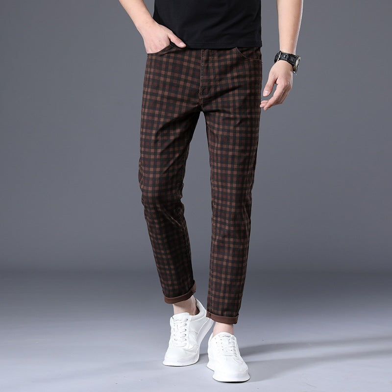 Romano Plaid Trousers in Brown — slim-fit checked stretch cotton trousers