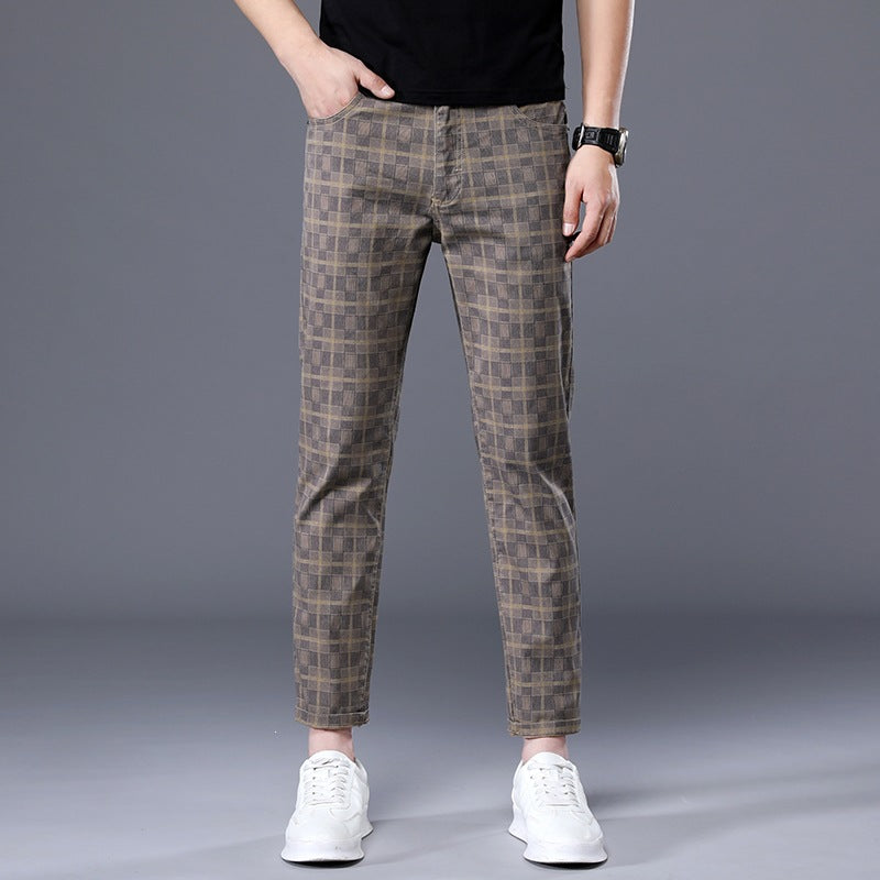 Romano Plaid Trousers in Light Brown — slim-fit checked stretch cotton trousers