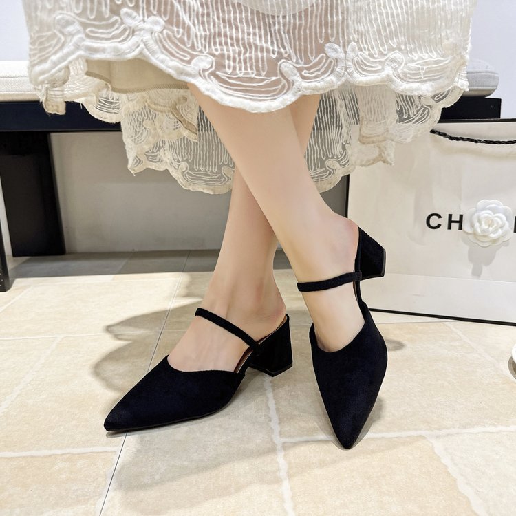 Chloe Pointed Mules in Black — worn with a lace midi skirt