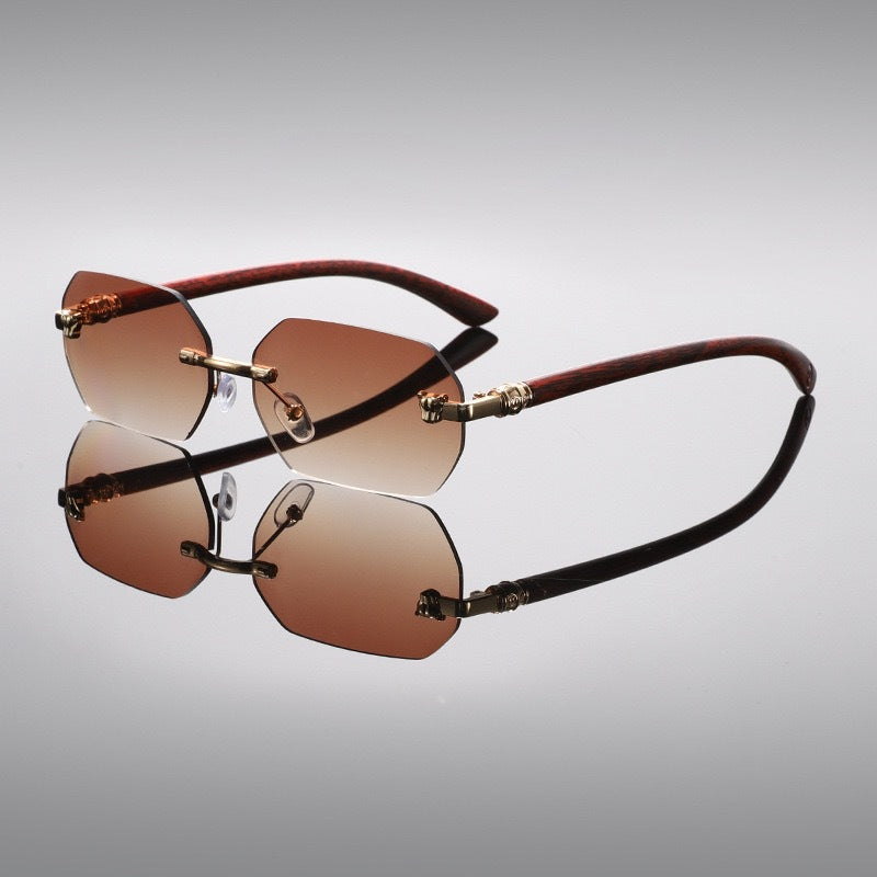 Dax Rimless Sunglasses in Light Brown — faceted rimless lenses with gold leopard temples