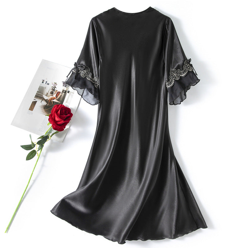Elena Satin Dress in Black — back view, silky satin lace nightgown
