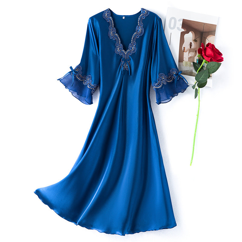 Elena Satin Dress in Blue — silky satin lace nightgown