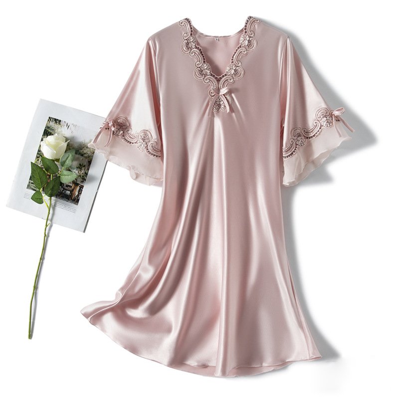 Elena Satin Dress in Light Pink — silky satin lace nightgown