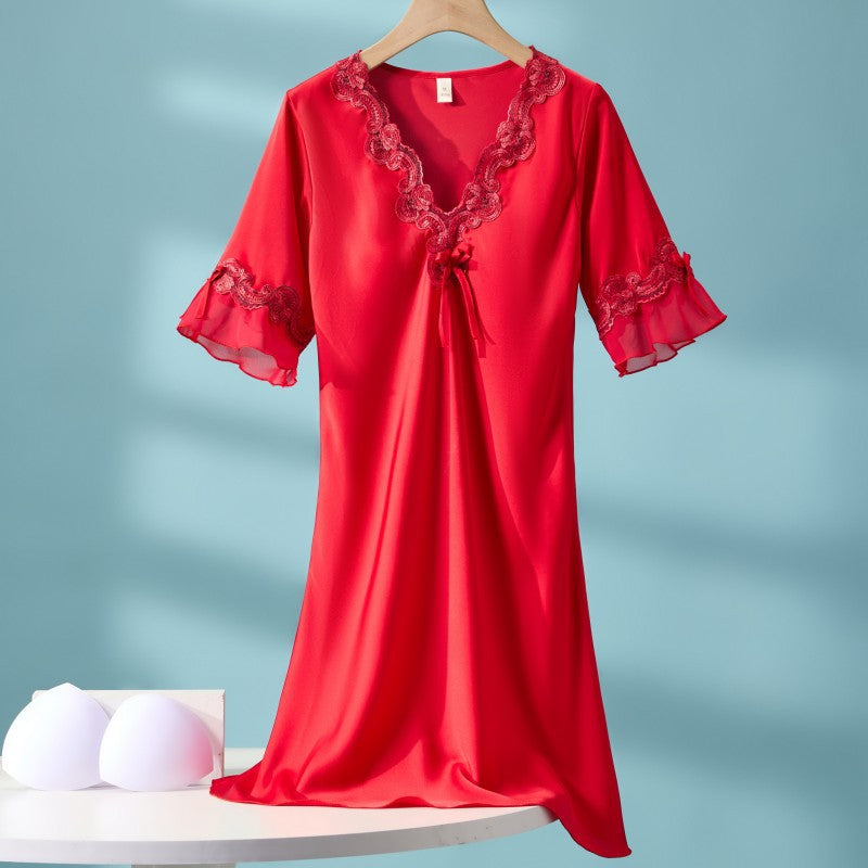 Mia Lace Nightgown in Red — satin nightgown with embroidered lace and flutter sleeves