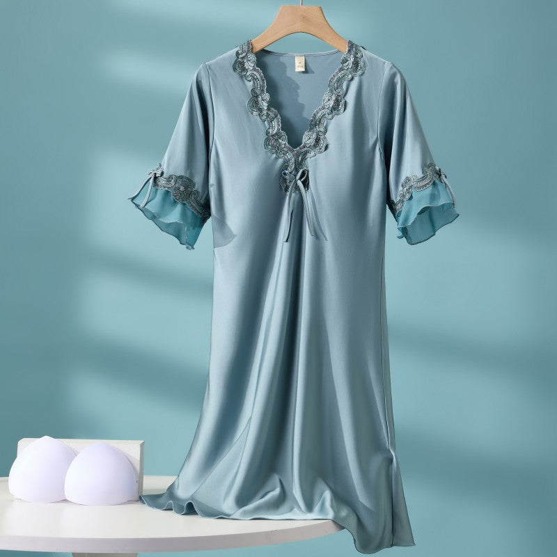 Mia Lace Nightgown in Teal — satin nightgown with embroidered lace and flutter sleeves