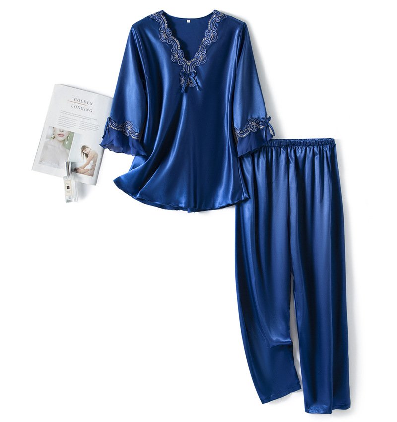 Vivienne Pajama Set in Navy Blue — silky-soft satin with lace trim