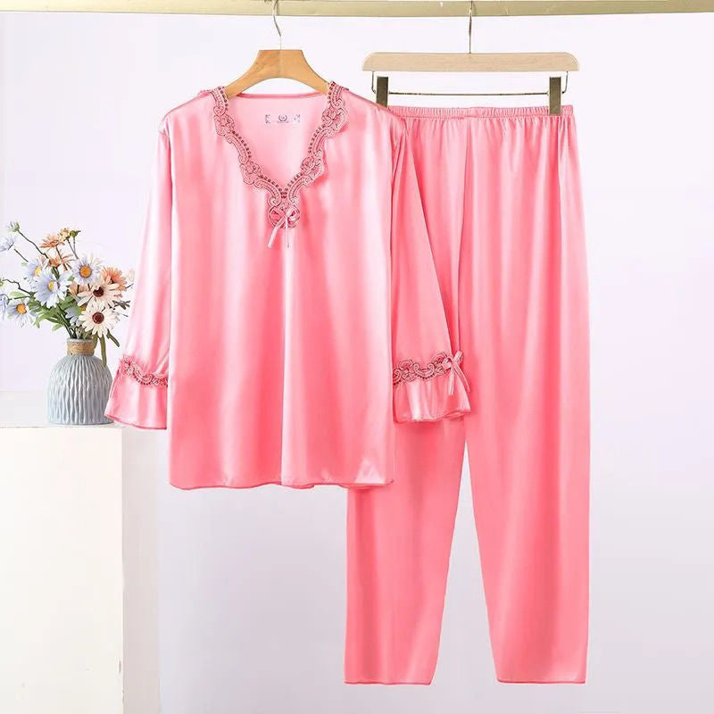 Josephine Pajama Set in Pink — silky satin pajama set with lace-trimmed bell sleeves