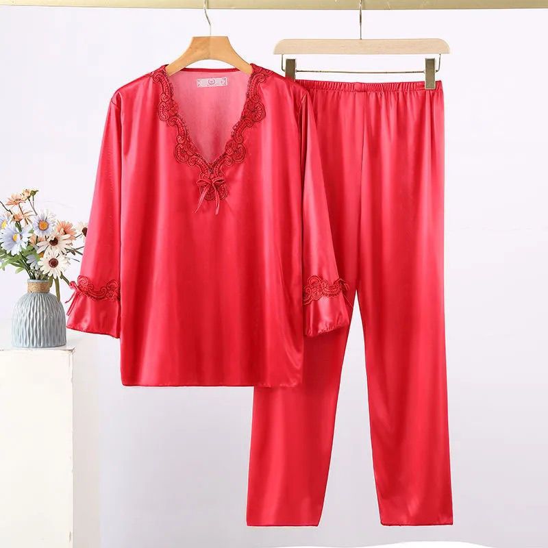 Josephine Pajama Set in Red — silky satin pajama set with lace-trimmed bell sleeves