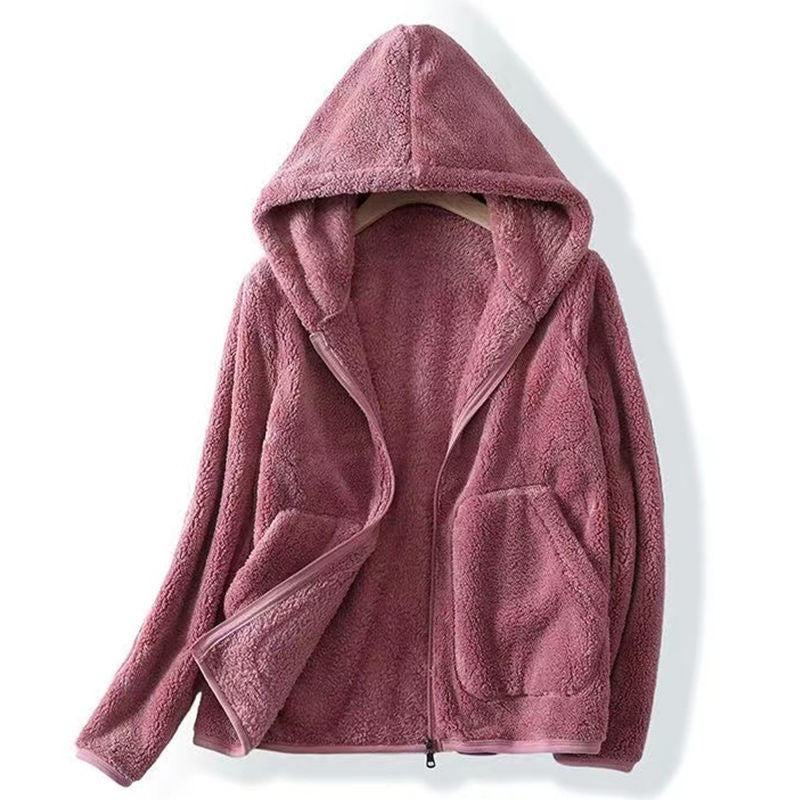 Marla Sherpa Hoodie in Pink — sherpa fleece zip-up with a roomy hood and front pockets