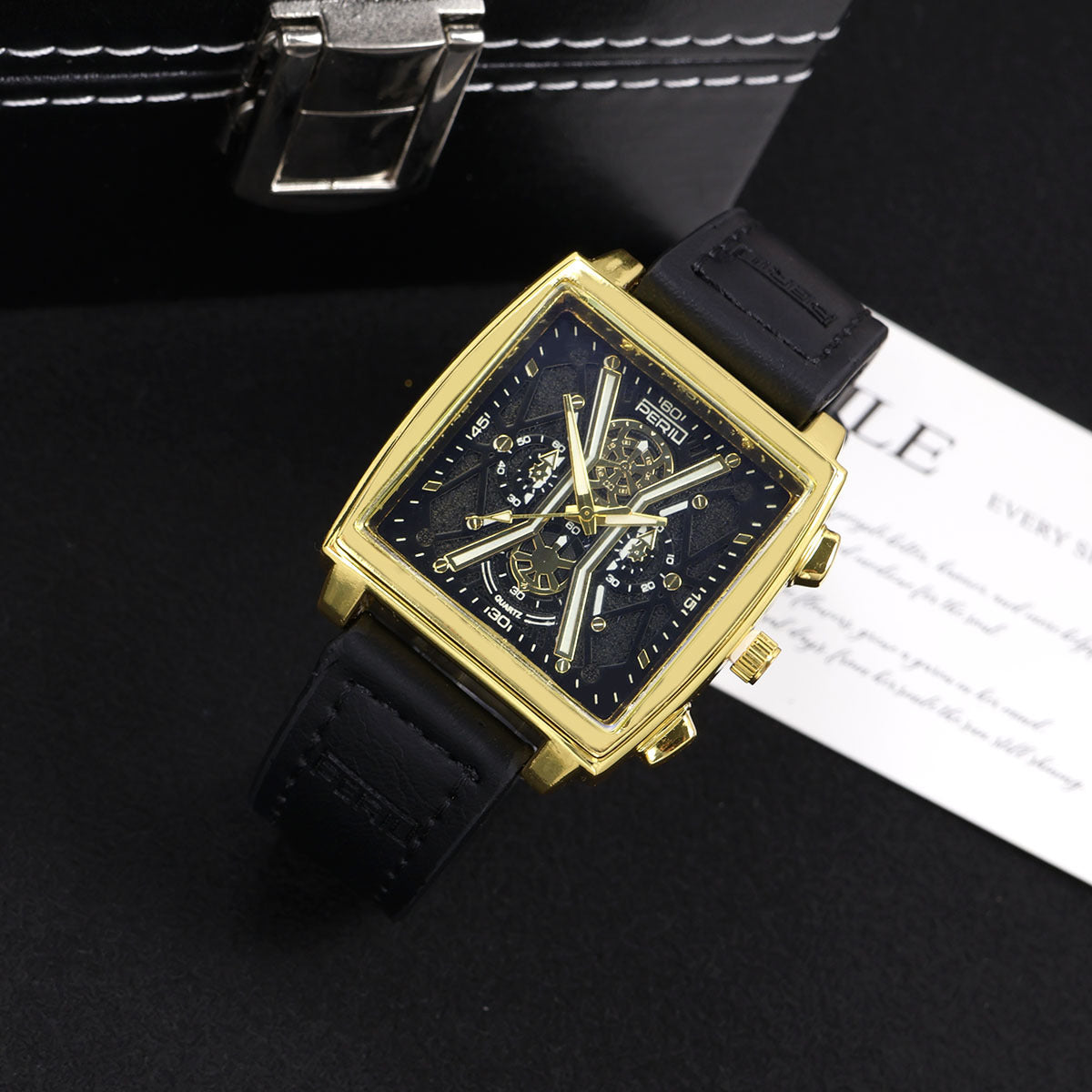 Sinclair Skeleton Watch in Black — gold square case with black stitched leather strap