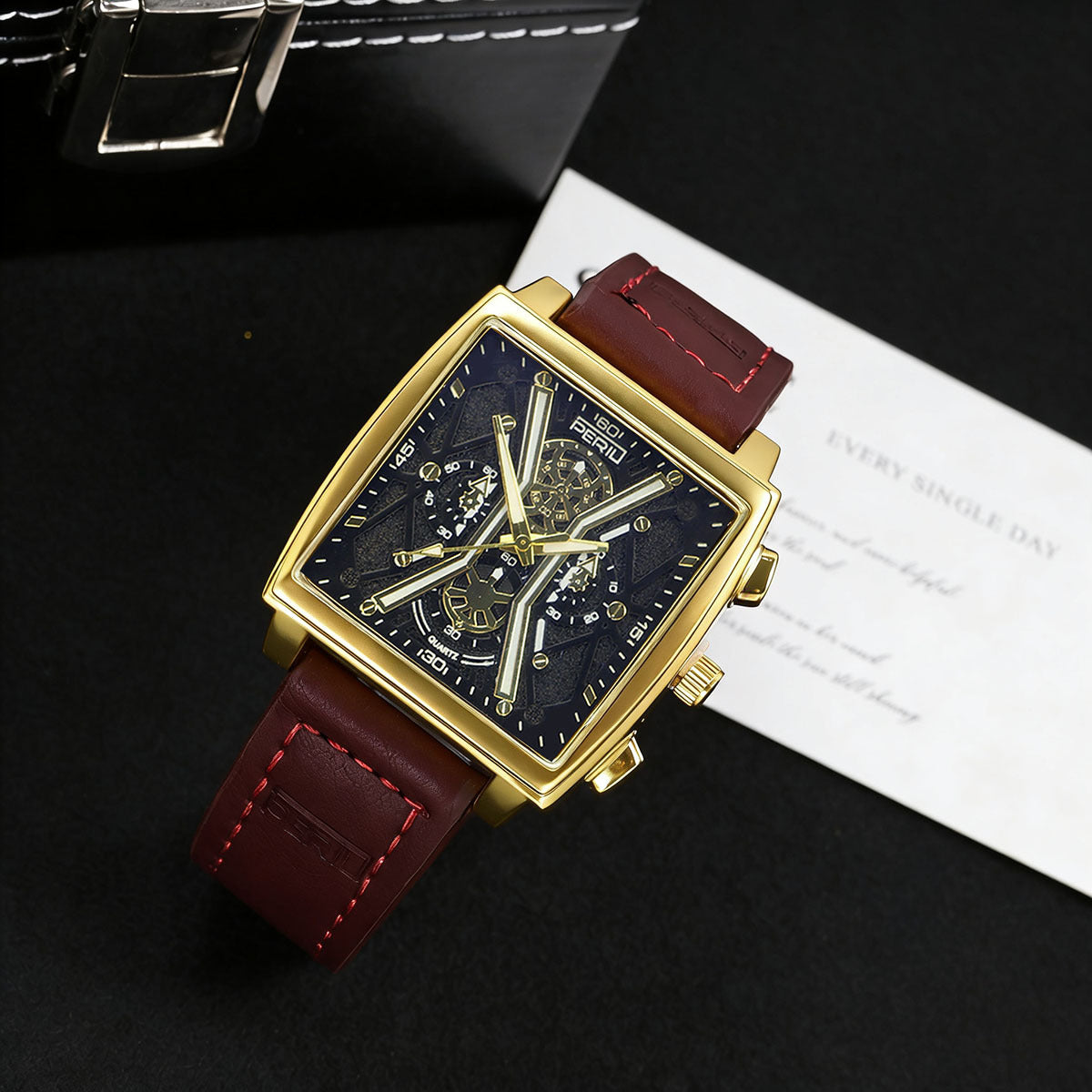 Sinclair Skeleton Watch in Burgundy — gold square case with burgundy stitched leather strap