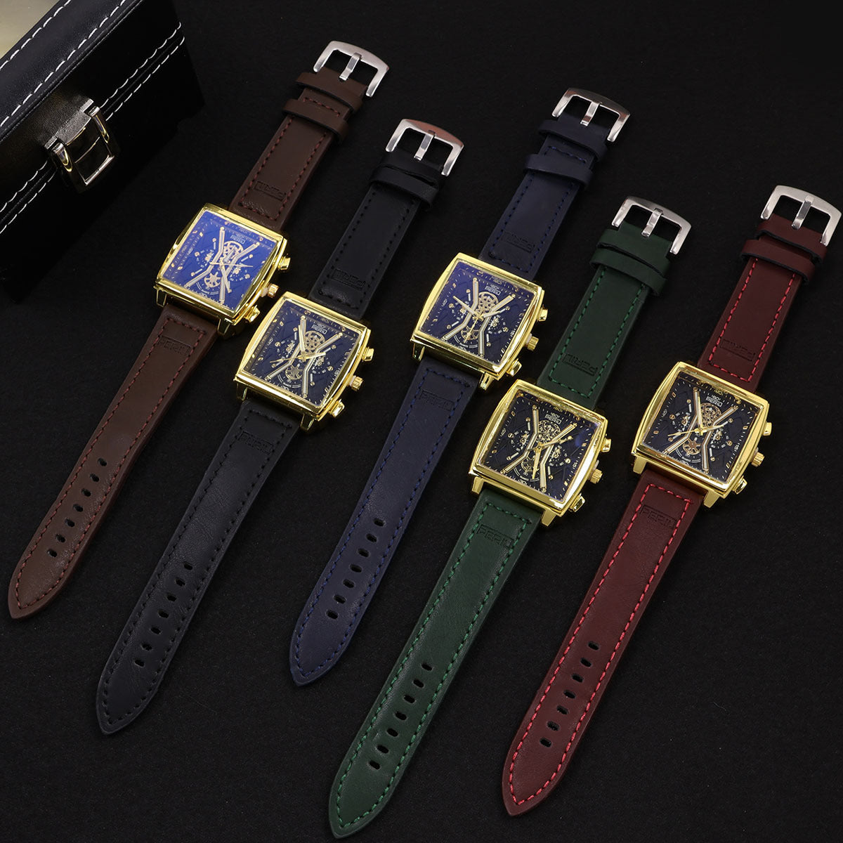 Sinclair Skeleton Watch — gold square-case skeleton chronograph watches on leather straps, lifestyle shot