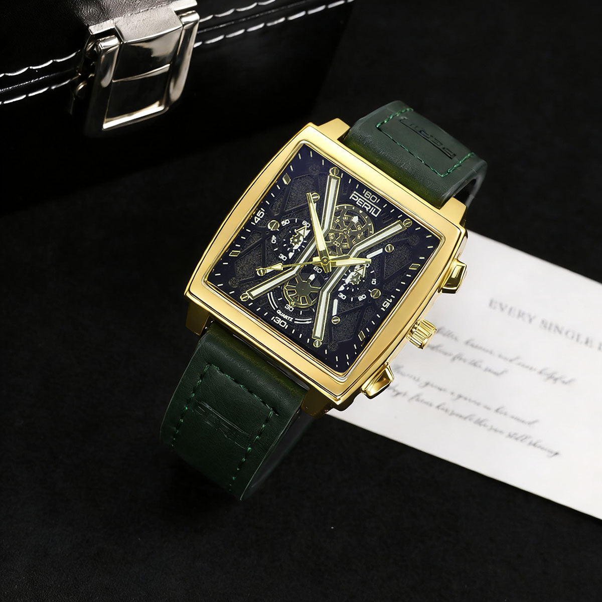 Sinclair Skeleton Watch in Dark Green — gold square case with dark green stitched leather strap