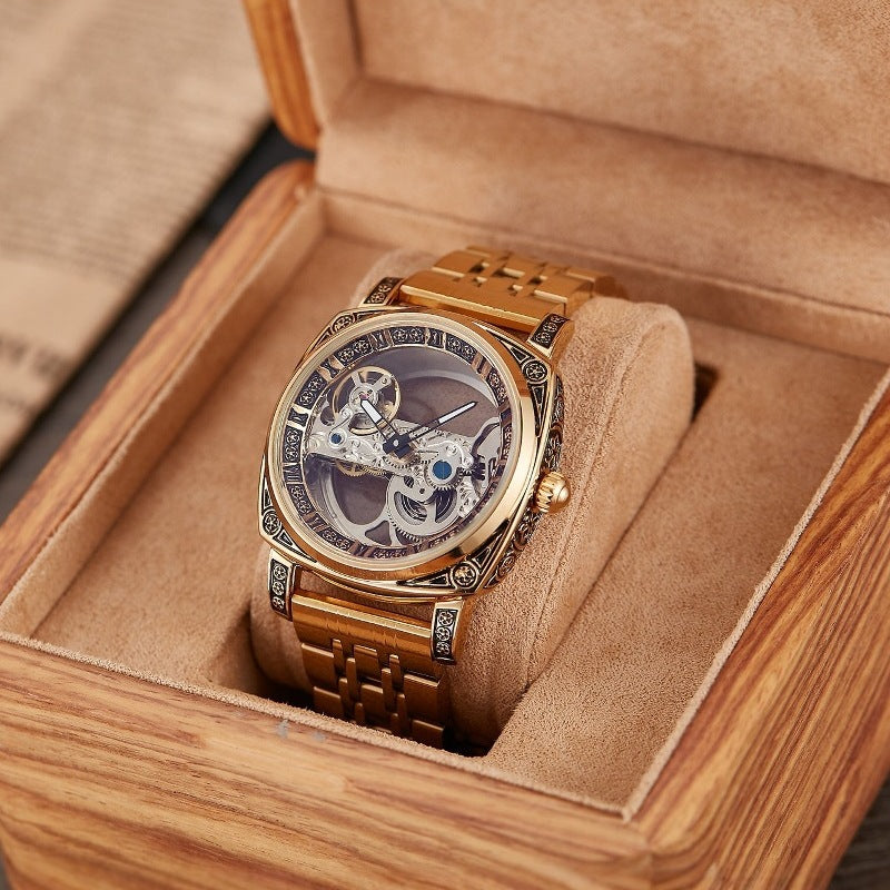Leopold Skeleton Watch in Gold — mechanical square watch with transparent dial