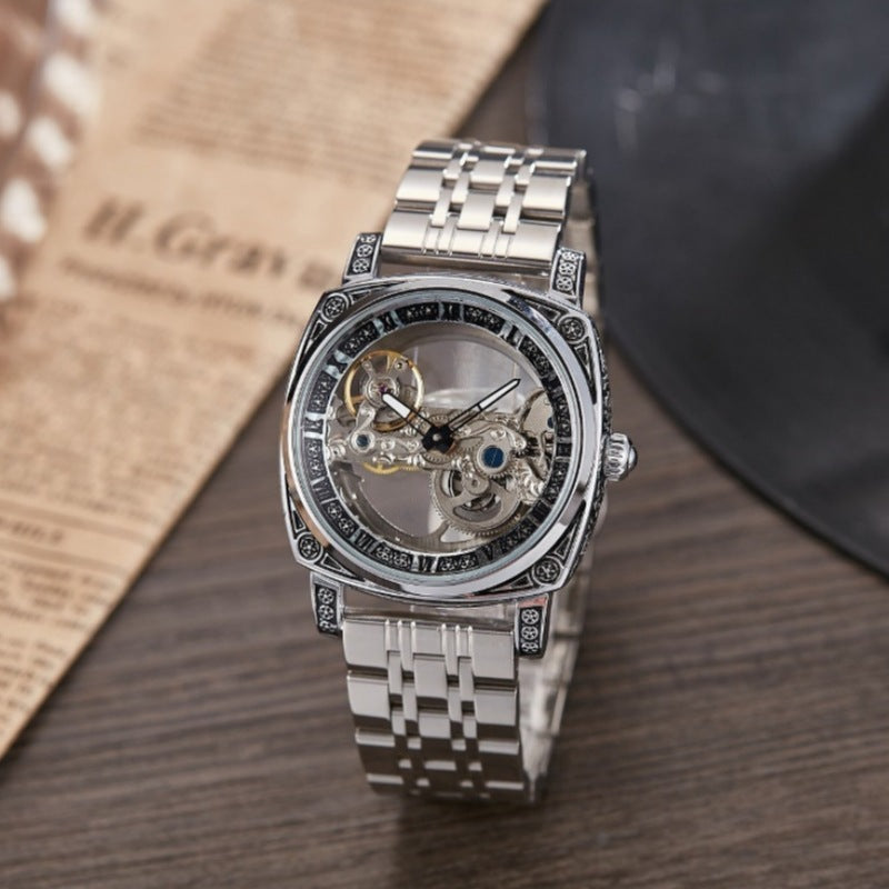 Leopold Skeleton Watch in Silver — mechanical square watch with transparent dial