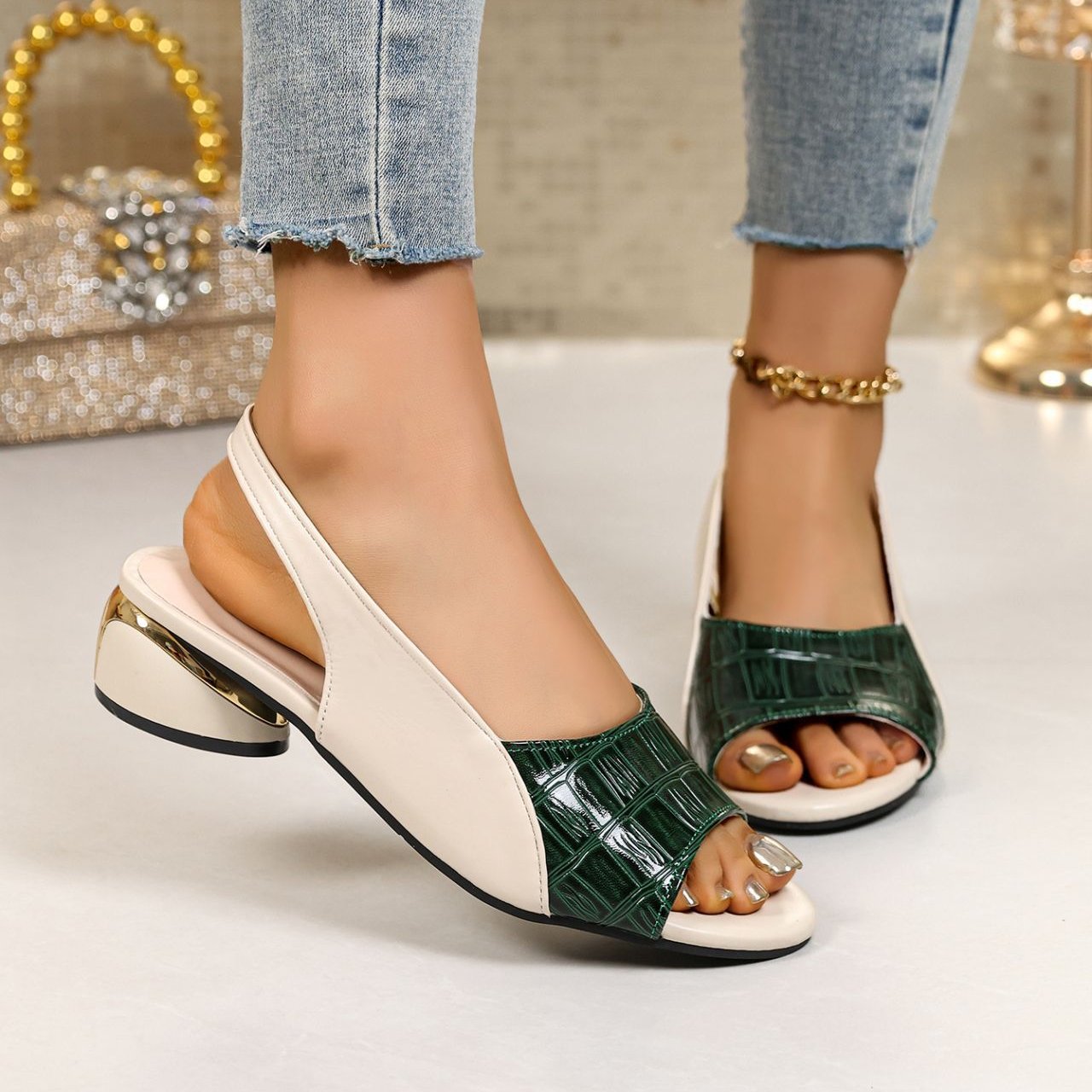 Cora Slingback Heels — glossy croc peep-toe slingback with gold block heel