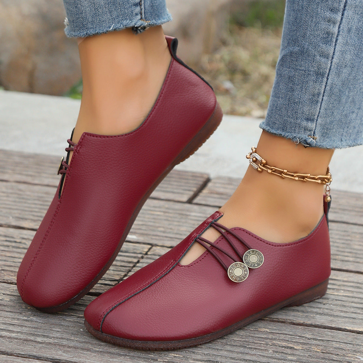Juliette Slip-On Flats in Burgundy — buttery-soft leather flats with twin-button detail