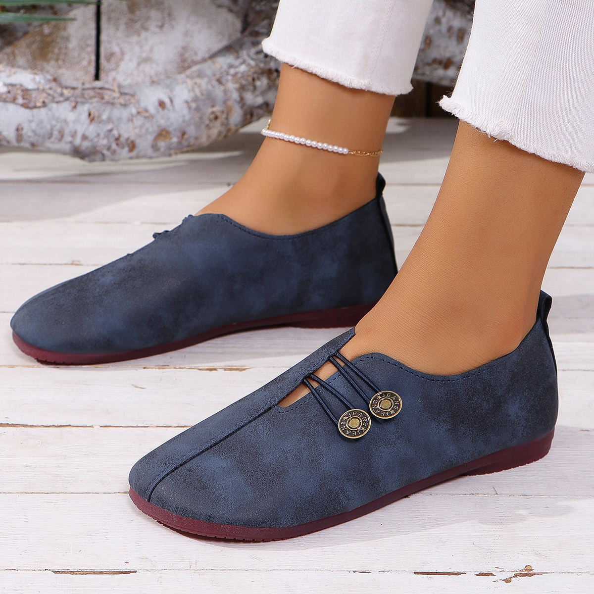 Juliette Slip-On Flats in Navy Blue — buttery-soft leather flats with twin-button detail