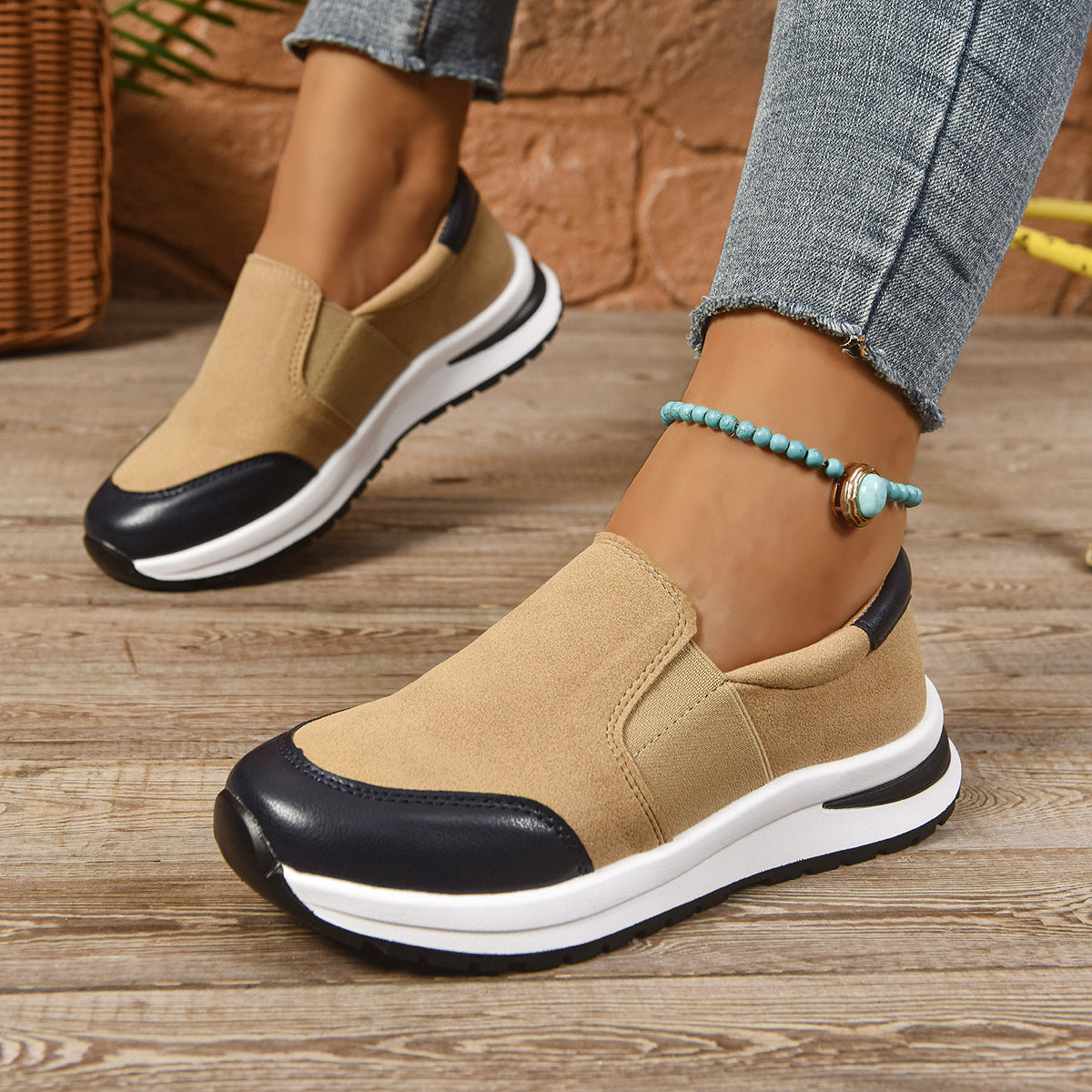 Jolie Platform Sneakers in Khaki — canvas platform slip-on with leather toe cap side view