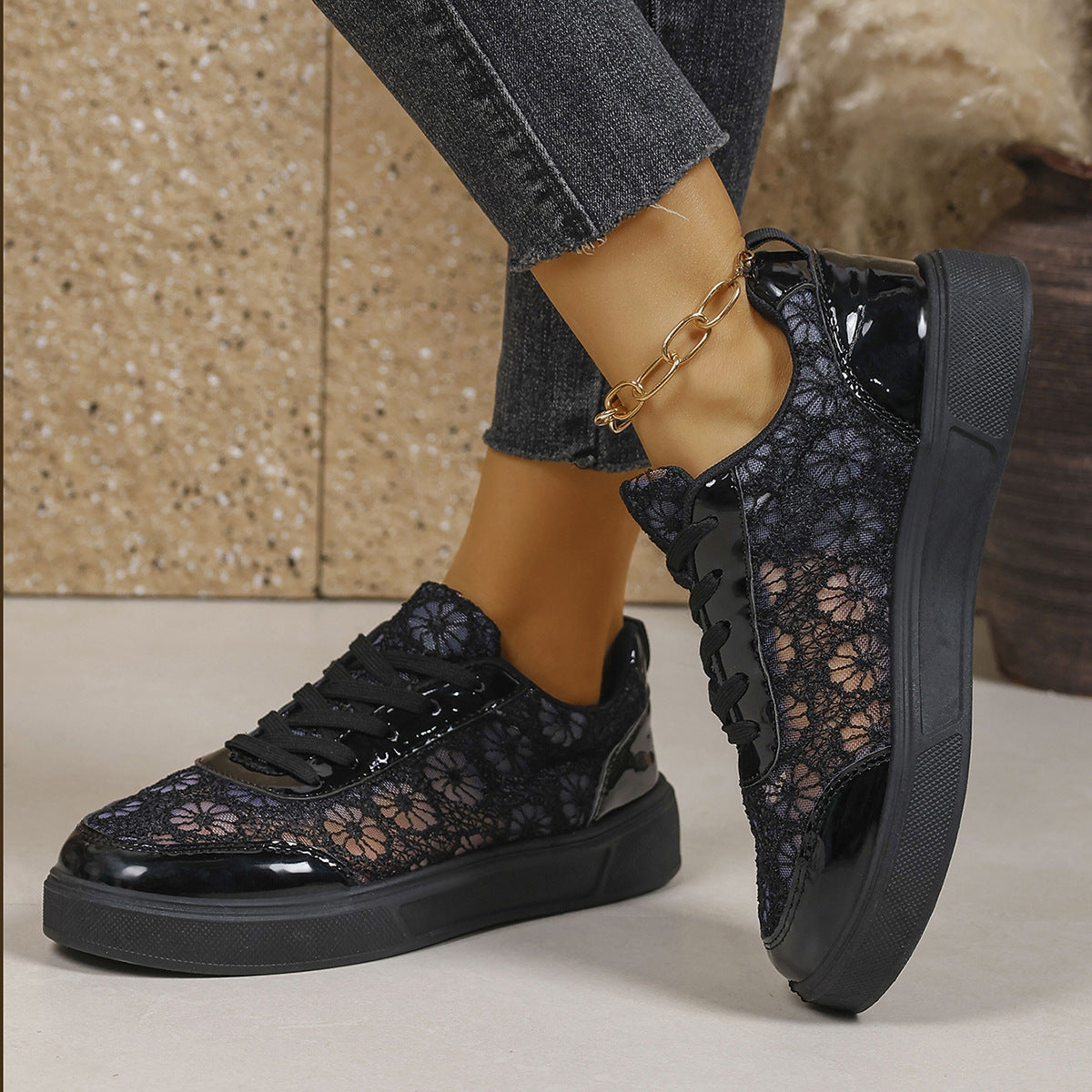 Sofia Lace Sneakers in Black — floral lace platform sneaker
