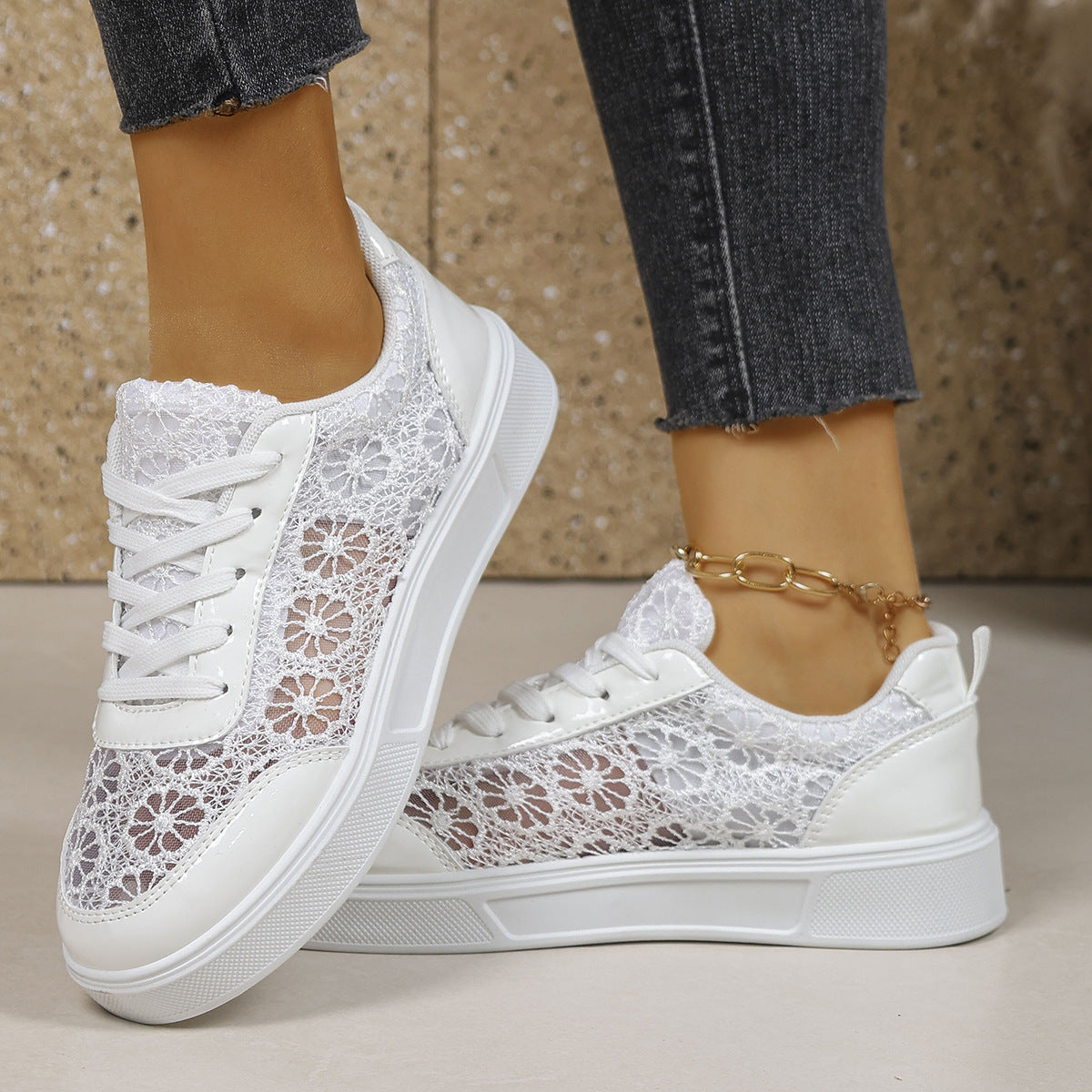 Sofia Lace Sneakers in White — side view, floral lace platform sneaker