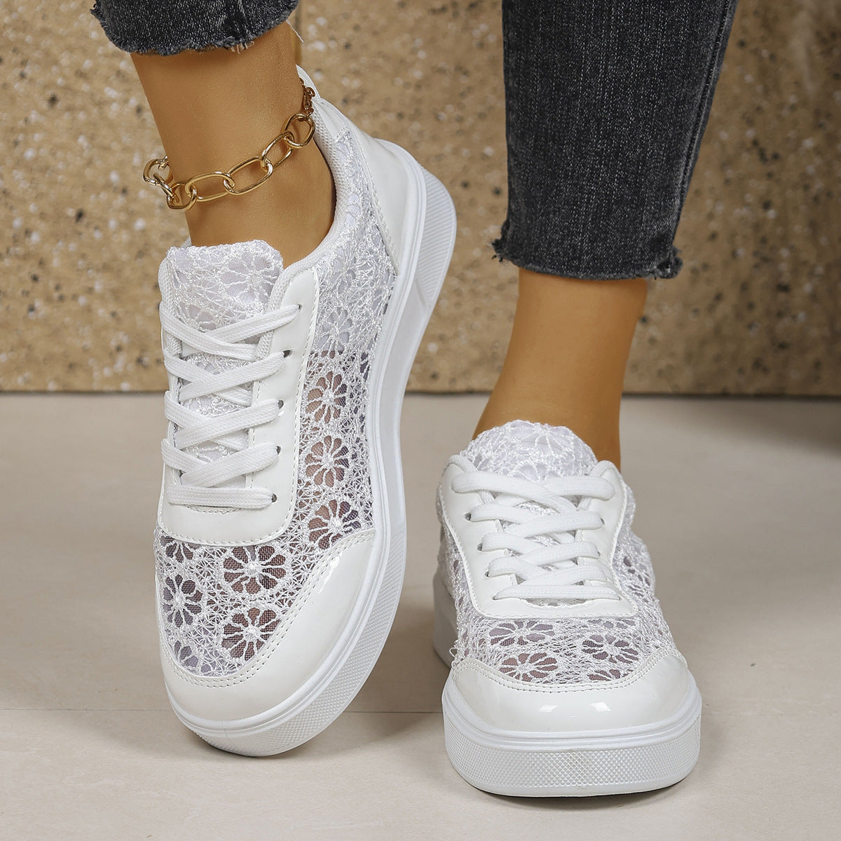 Sofia Lace Sneakers in White — floral lace platform sneaker