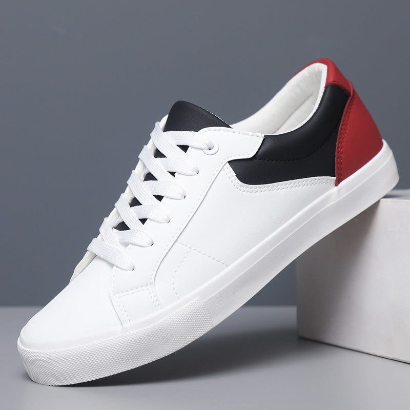 Dean Leather Sneakers in Red — side view, white leather low-top with contrast heel