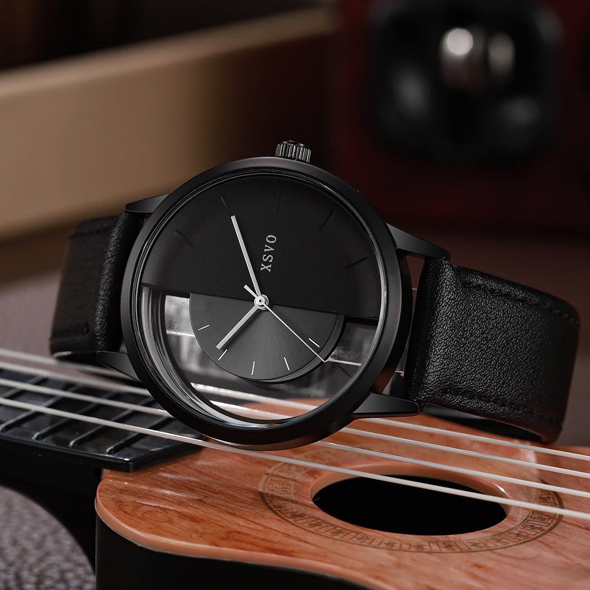 Cassius Open-Dial Watch in Black — minimalist watch with see-through split dial and leather strap
