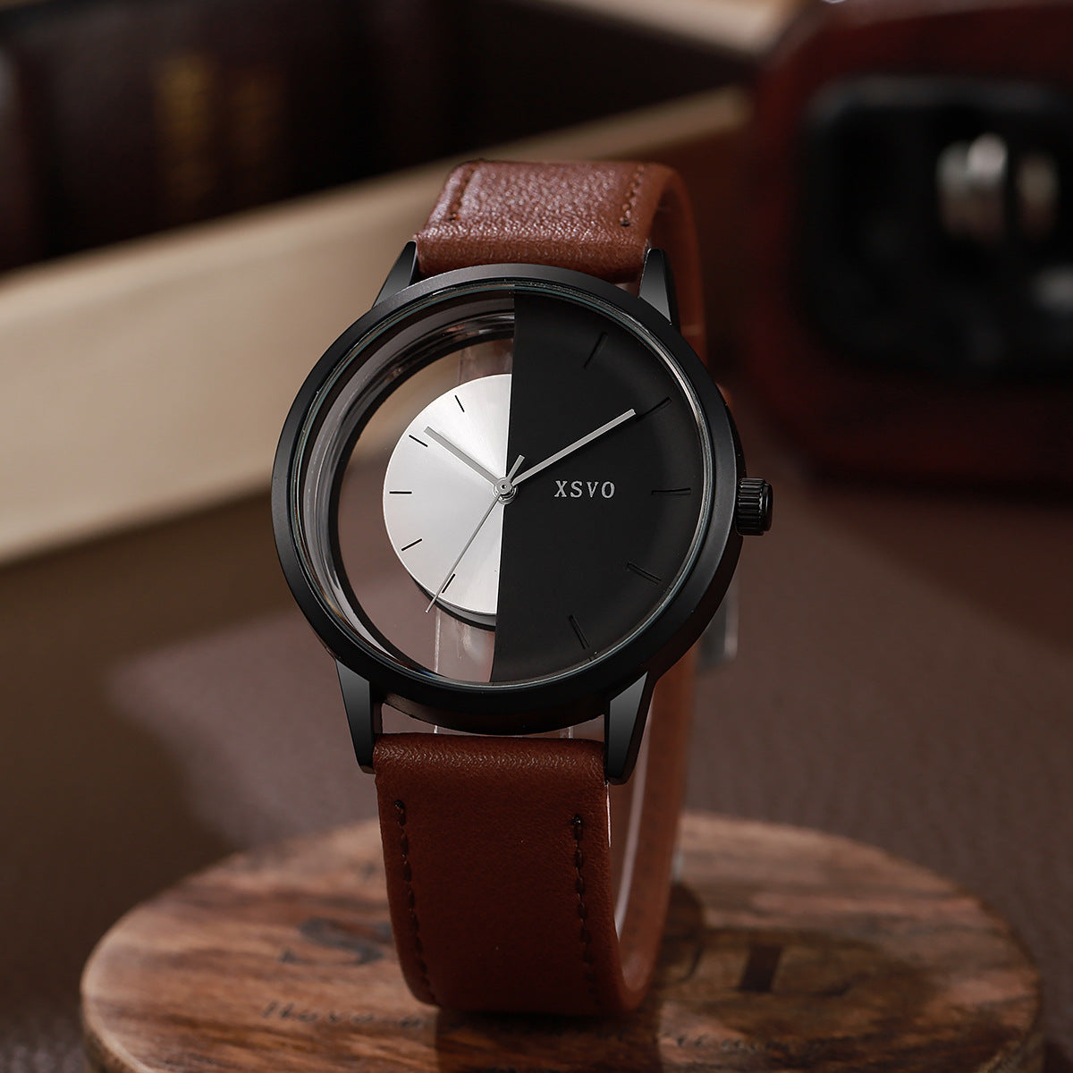 Cassius Open-Dial Watch in Brown — minimalist watch with see-through split dial and leather strap