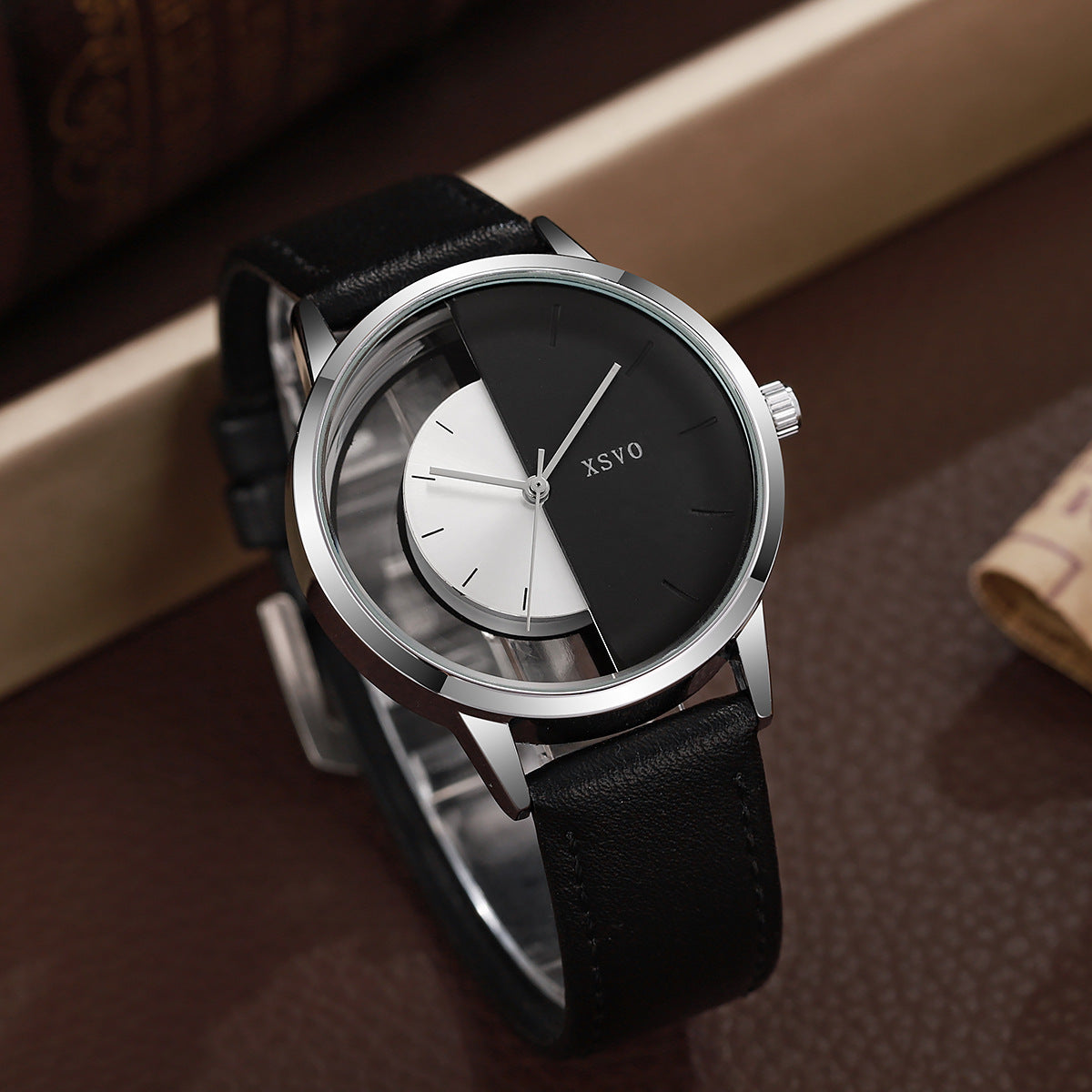 Cassius Open-Dial Watch in Silver — minimalist watch with see-through split dial and leather strap