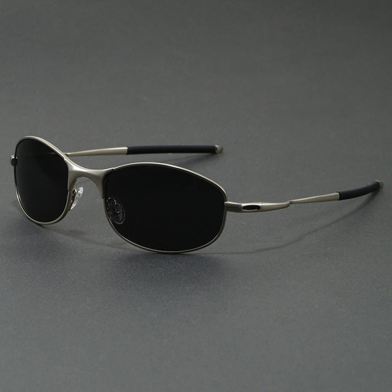 Luca Wrap Sunglasses in Black — slim metal-frame oval wraparound sport sunglasses