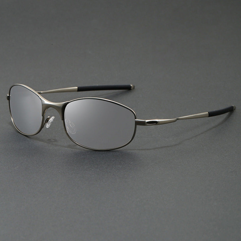 Luca Wrap Sunglasses in Silver — slim metal-frame oval wraparound sport sunglasses