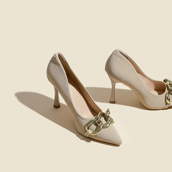 Margaux Chain Heels in Beige — angled pair view