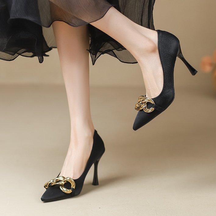 Margaux Chain Heels in Black — worn with a sheer dress