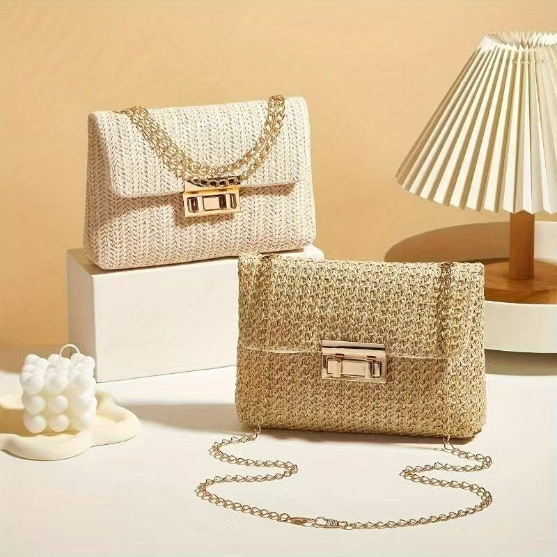 Sienna Woven Handbag — woven straw crossbody with gold chain strap