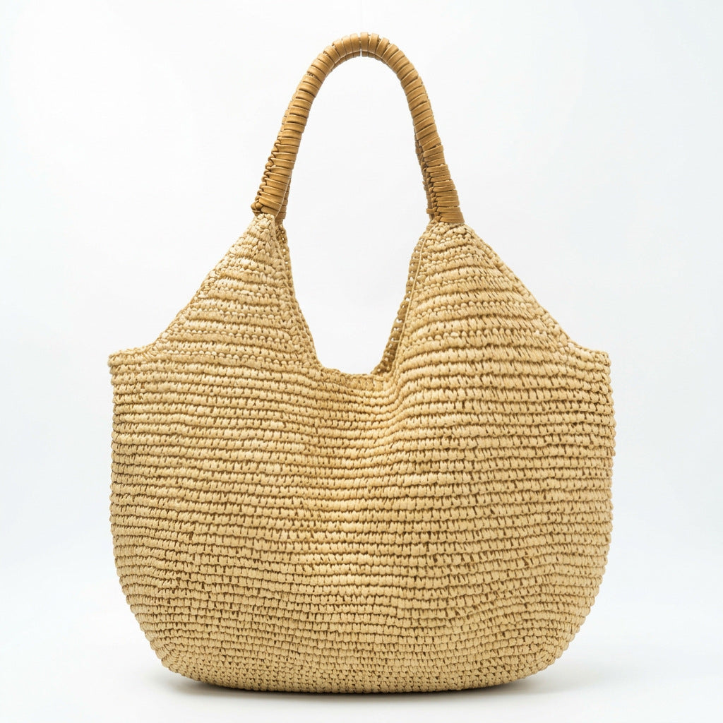 Sienna Tote Bag in Beige — woven raffia hobo with wrapped handle and spacious interior